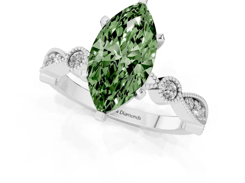 Fancy Green Marquise Cut Diamond Solitaire Engagement Ring Set in Platinum with Milgrain Bezel Accent Band