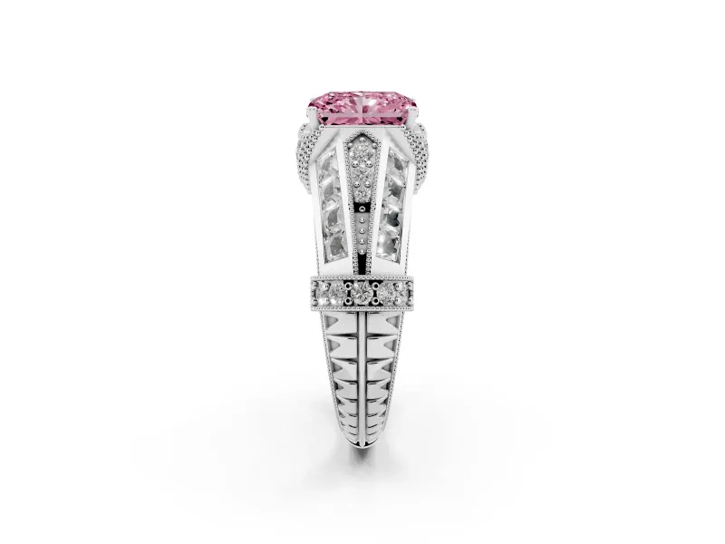 Fancy Pink Radiant Cut Diamond Vintage-Inspired Milgrain Ring Set in White gold with Accent Split Shank