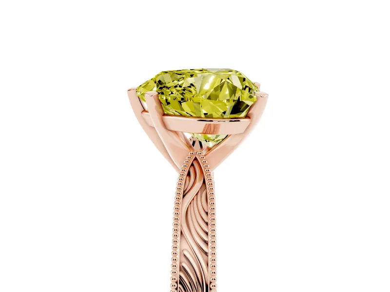 Fancy Yellow Heart Cut Diamond Solitaire Milgrain Engraved Band Set in Rose gold with Prong Setting