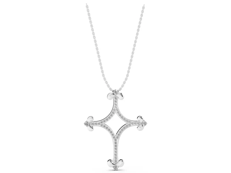 Round Lab-Grown Diamond Pavé Open Cross Pendant Necklace | Fleur-de-Lis Tips | Sterling Silver