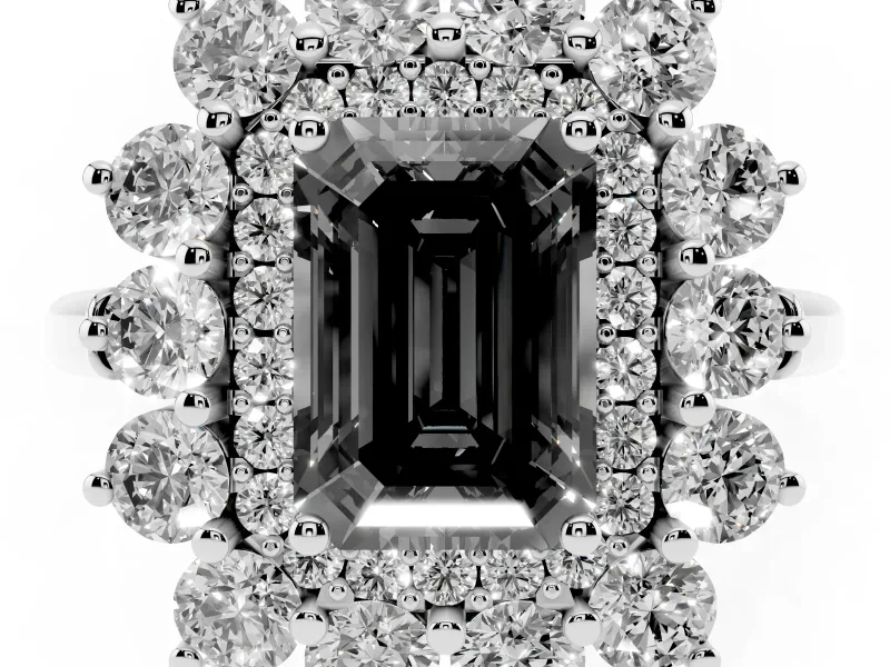 Emerald Cut Floral Double Halo Engagement Ring Setting for a Black Center | Plain Band | White Gold
