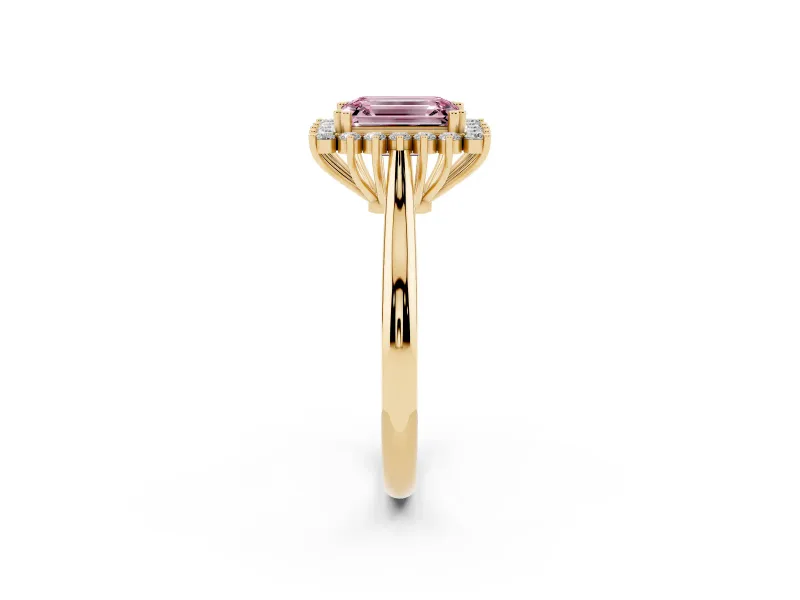 Fancy Pink Emerald Cut Diamond Halo Ring Set in Yellow gold with Plain Solitaire Band and Prong Setting
