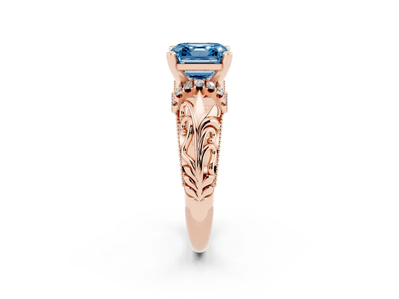 Fancy Blue Asscher Cut Diamond Filigree Halo Engagement Ring Set in Rose gold with Prong Setting