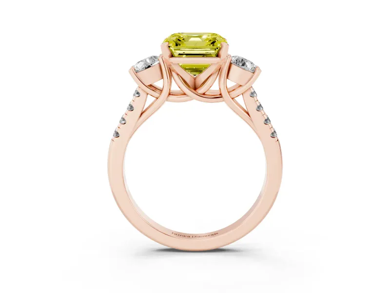 Fancy Yellow Three-Stone Asscher Cut Diamond Pavé Band Ring Set in Rose gold with Prong-Set Trio
