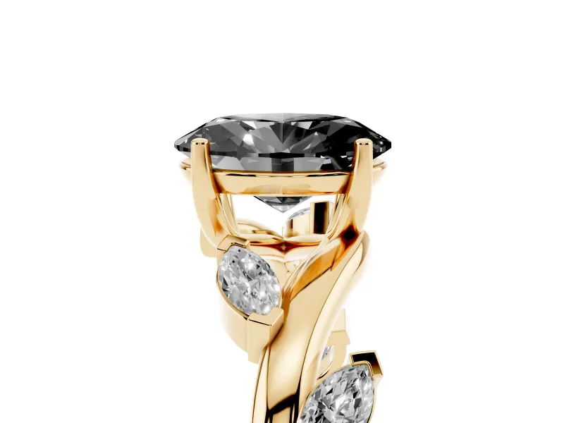 Fancy Black Oval Cut Diamond Solitaire Ring Set in Yellow gold with Twisted Marquise Accent Band