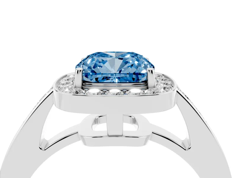 Fancy Blue Cushion Cut Diamond Halo Pavé Engagement Ring Set in White gold with Bezel Setting