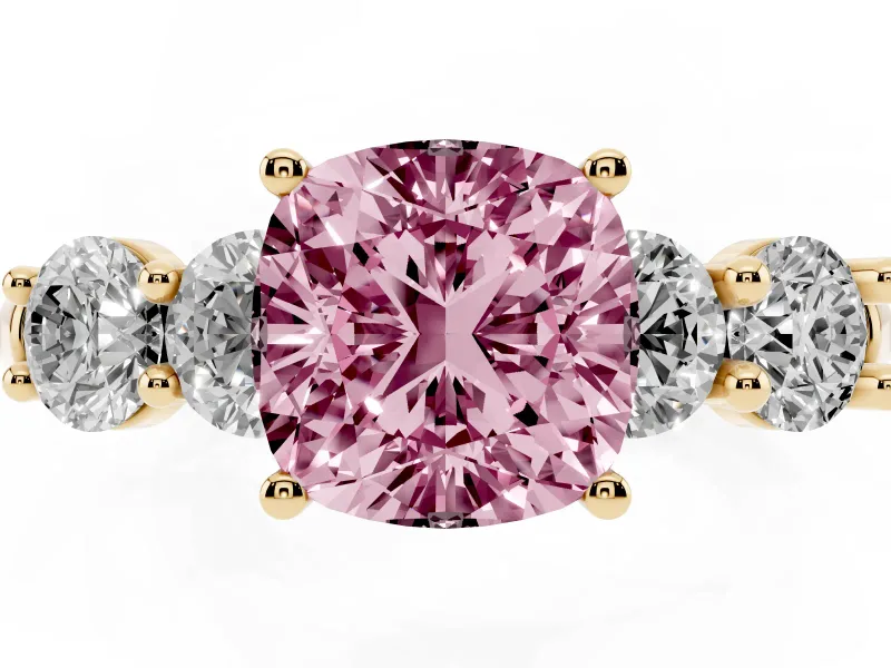 Cushion Cut Five Stone Engagement Ring Setting for a Fancy Pink Lab-Grown Diamond | Prong Set Side Stones | Yellow Gold
