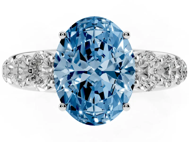 Oval Graduated Side Stone Engagement Ring Setting for a Fancy Blue Lab-Grown Diamond | Flat Top Band | Sterling Silver