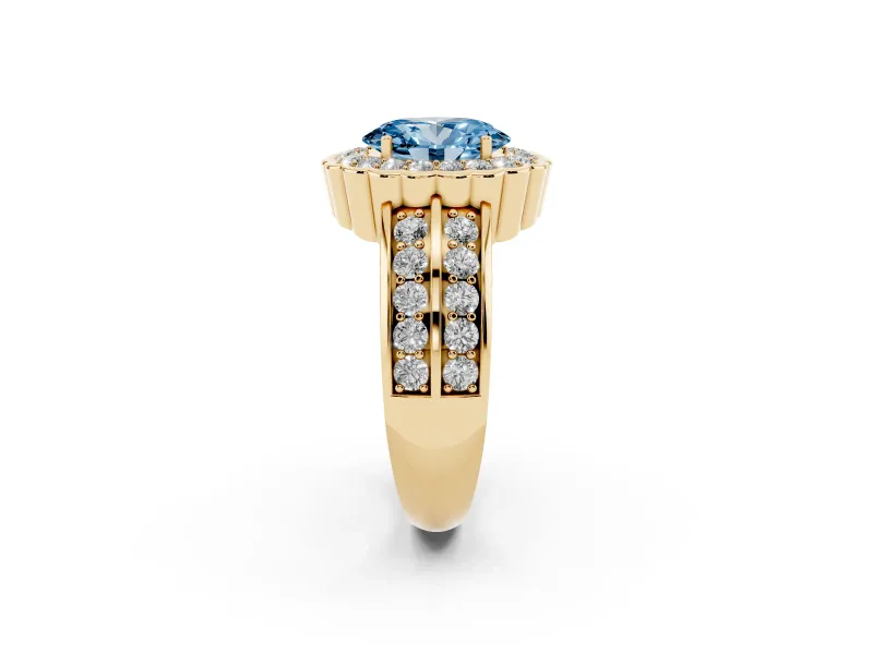 Oval Scalloped Halo Engagement Ring Setting for a Fancy Blue Lab-Grown Diamond | Double Row Band | Yellow Gold