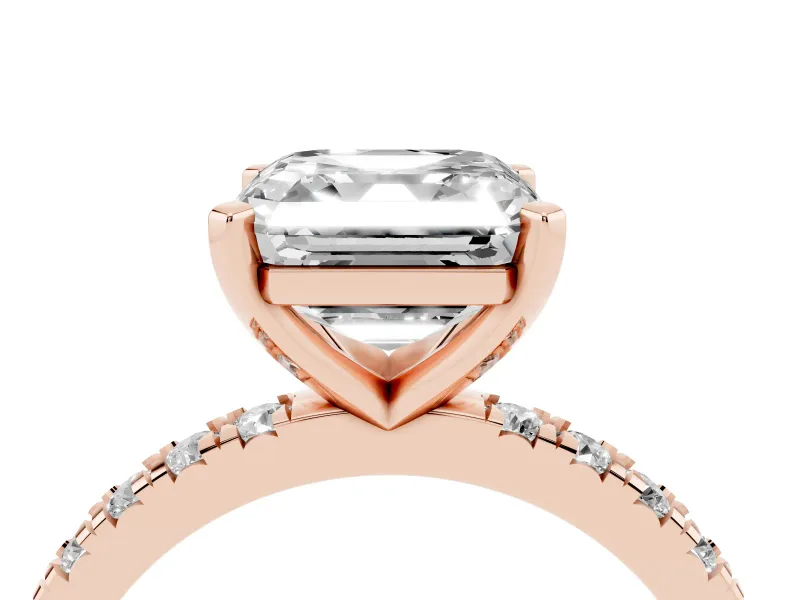 Asscher Cut Shared Prong Solitaire Engagement Ring Setting | Pavé Band | Rose Gold
