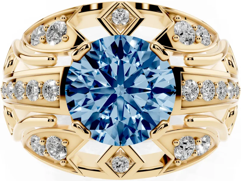 Round Art Deco Graduated Engagement Ring Setting for a Fancy Blue Lab-Grown Diamond | Yellow Gold