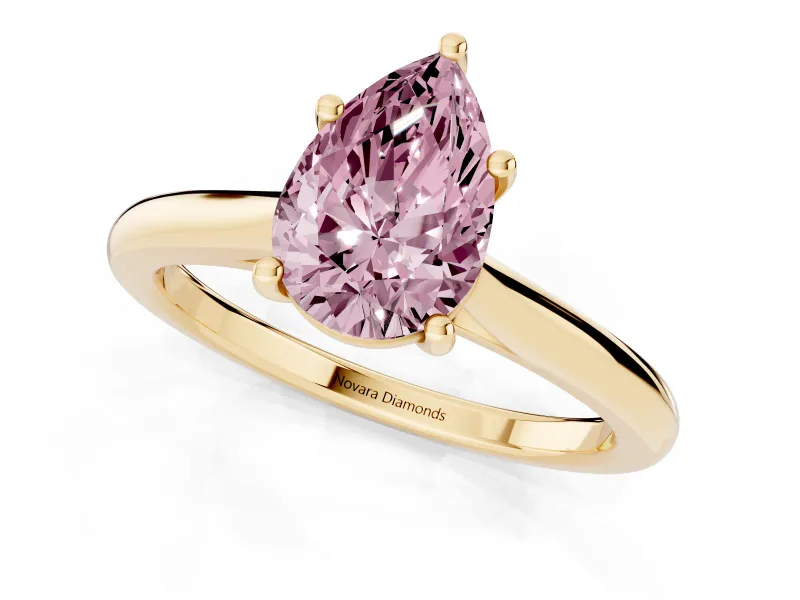 Fancy Pink Pear Cut Diamond Solitaire Ring Set in Yellow gold with Cathedral Band and Prong Setting