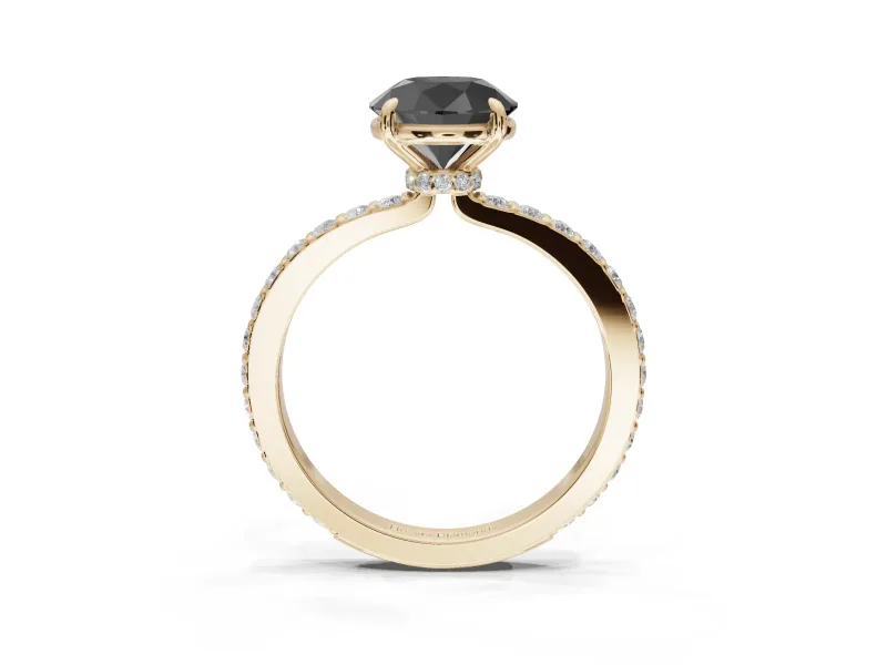 Round Hidden Halo Solitaire Engagement Ring Setting for a Black Center | Pavé Band | Yellow Gold