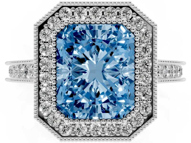 Radiant Cut Vintage Milgrain Halo Engagement Ring Setting for a Fancy Blue Lab-Grown Diamond | Bezel Head | Platinum
