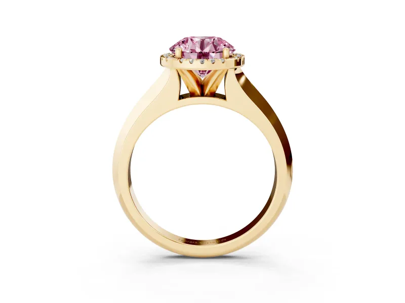 Fancy Pink Round Cut Diamond Halo Ring Set in Yellow gold with Cathedral Band and Prong Setting