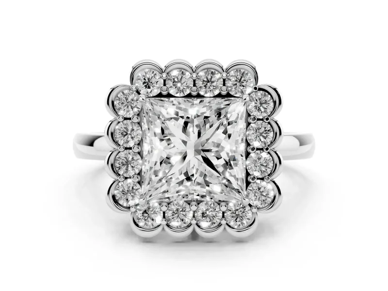 Princess Cut Diamond Halo Cluster Engagement Ring Set in Platinum with Solitaire Band and Prong Setting