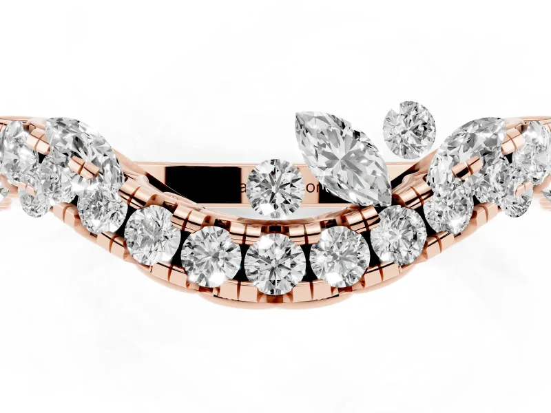 Round Diamond Curved Wedding Band Set in Rose gold with Pavé Shared Prong Setting
