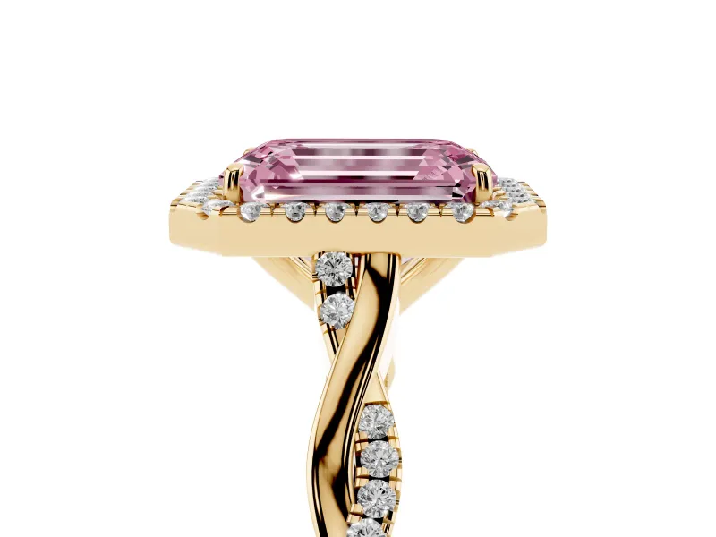Emerald Cut Twist Halo Engagement Ring Setting for a Fancy Pink Lab-Grown Diamond | Yellow Gold