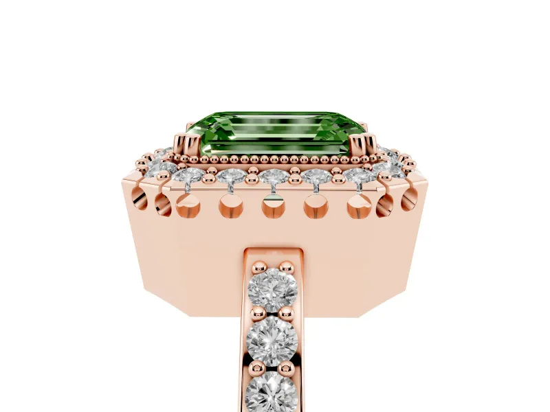 Emerald Cut Milgrain Halo Engagement Ring Setting for a Fancy Green Lab-Grown Diamond | Pavé Shoulders | Rose Gold