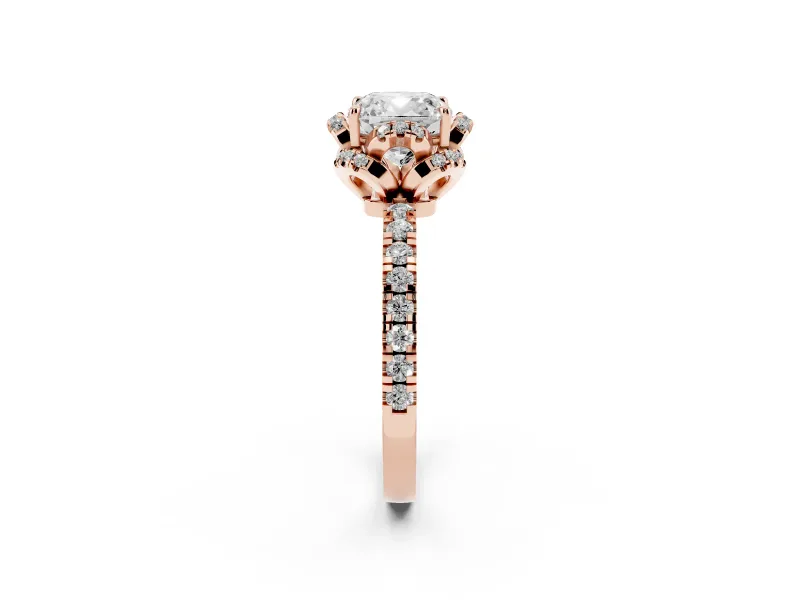 Cushion Cut Diamond Halo Pavé Band Ring Set in Rose gold with Prong-Held Center