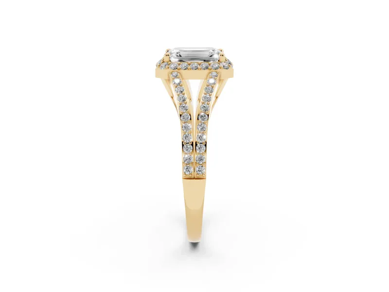 Emerald Cut Halo Engagement Ring Setting | V-Split Pavé Band | Yellow Gold