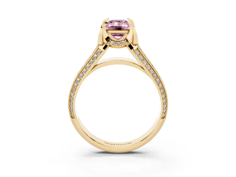 Emerald Cut Hidden Halo Engagement Ring Setting for a Fancy Pink Lab-Grown Diamond | Triple Row Pavé Band | Yellow Gold
