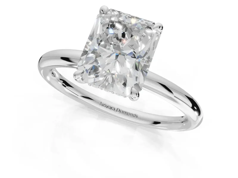 Radiant Cut Hidden Halo Engagement Ring Setting | Thin Plain Band | Sterling Silver