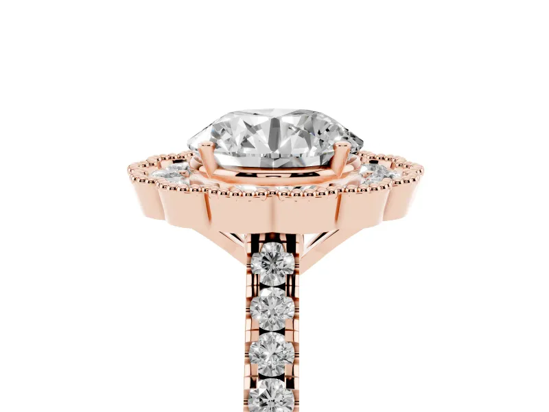 Round Vintage Milgrain Floral Halo Engagement Ring Setting | Pavé Band | Rose Gold