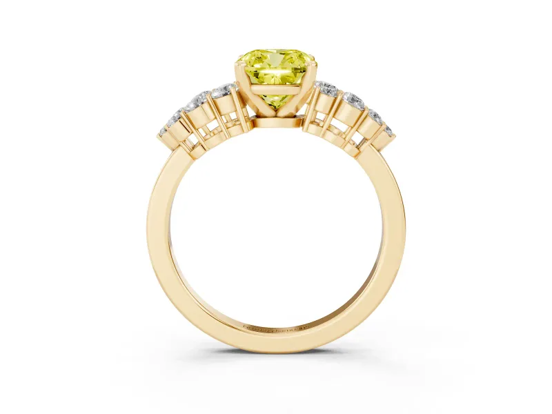 Fancy Yellow Cushion Cut Diamond Cluster Engagement Ring Set in Yellow gold with Pavé Band and Prong Setting