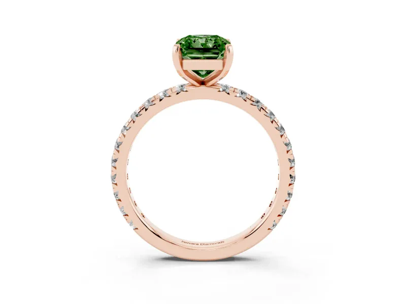 Fancy Green Radiant Cut Diamond Pavé Solitaire Ring Set in Rose gold with Round Band and Prong Setting