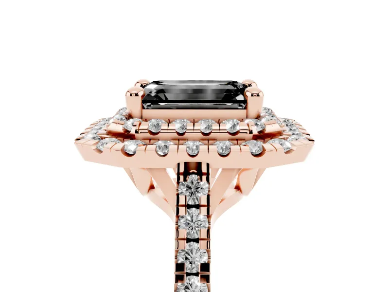 Fancy Black Emerald Cut Diamond Double Halo Statement Ring Set in Rose gold with Pavé Band
