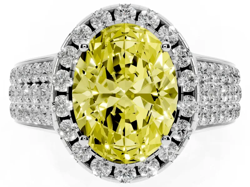 Fancy Yellow Oval Cut Diamond Halo Ring Set in White gold with Pavé Band and Raised Center Setting