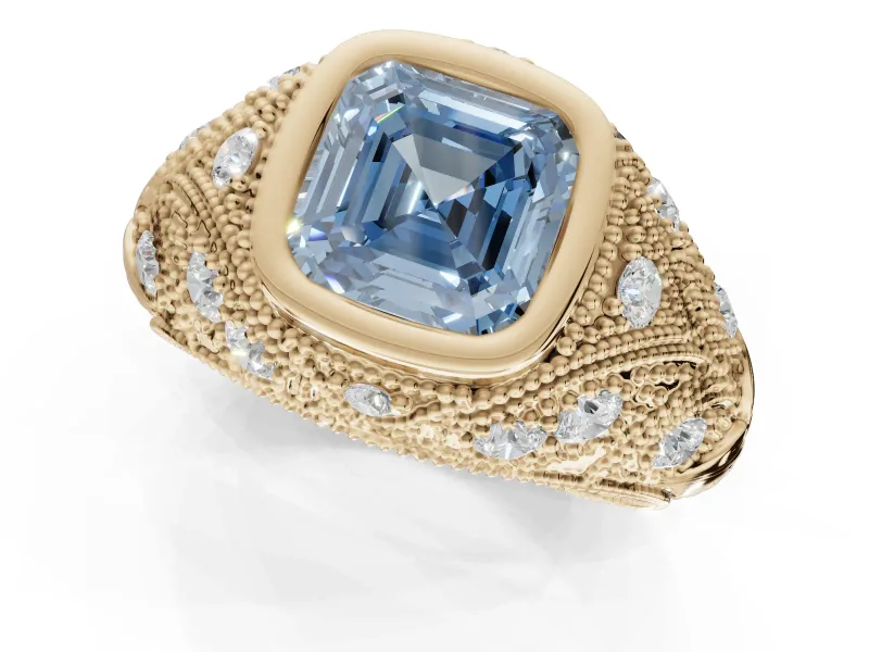 Asscher Cut Vintage Bezel Engagement Ring Setting for a Fancy Blue Lab-Grown Diamond | Yellow Gold