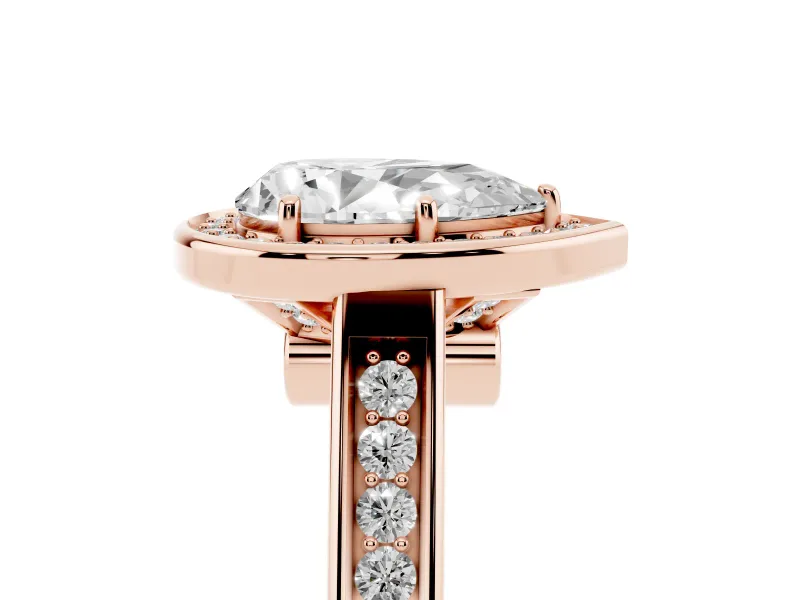 Pear Cut Diamond Halo Solitaire Ring Set in Rose gold with Pavé Band and Bezel Setting
