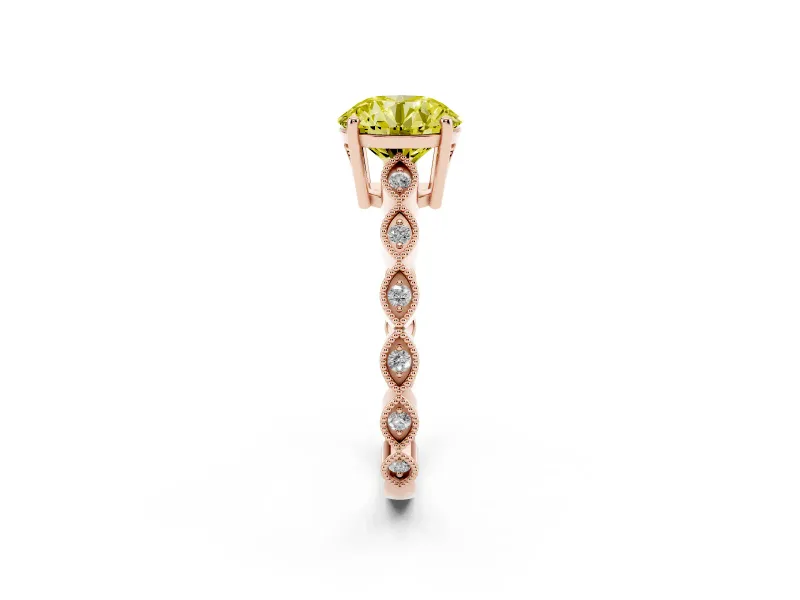 Fancy Yellow Round Cut Diamond Solitaire Ring Set in Rose gold with Infinity Twist Pavé Band
