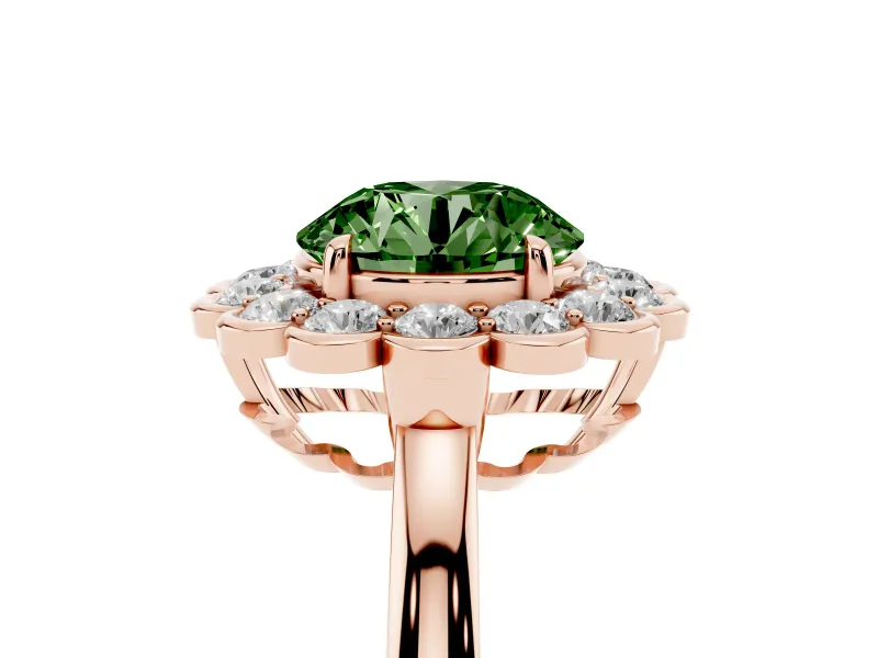 Round Scalloped Cluster Halo Engagement Ring Setting for a Fancy Green Lab-Grown Diamond | Plain Band | Rose Gold