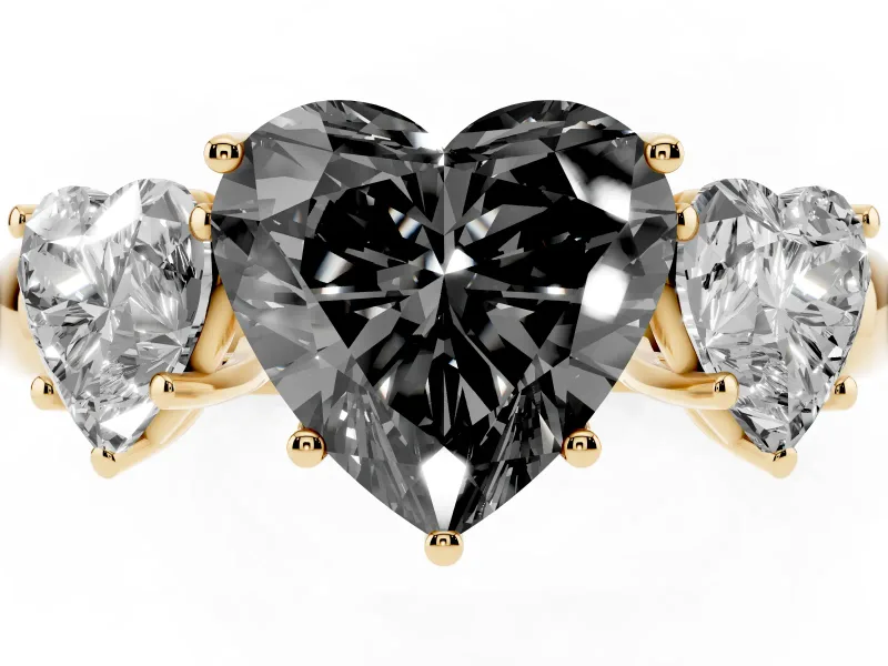 Heart-Shaped Three Stone Engagement Ring Setting for a Black Center | Matching Side Stones | Yellow Gold