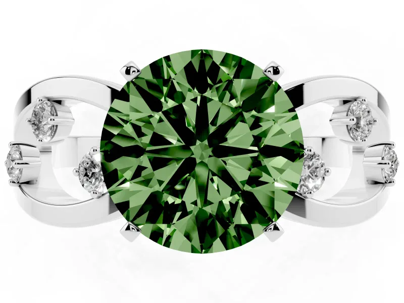 Fancy Green Round Cut Diamond Solitaire Ring Set in Platinum with Side Stones on Criss-Cross Band and Prong Setting