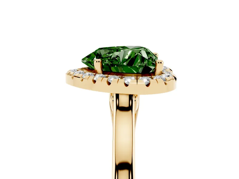 Fancy Green Heart Cut Halo Round Diamond Solitaire Ring Set in Yellow gold with Pavé Band and Prong Setting