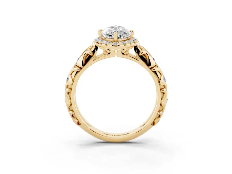 Marquise Filigree Leaf Halo Engagement Ring Setting | Bezel Leaf Accents | Yellow Gold