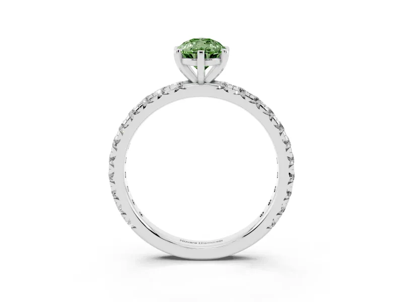 Fancy Green Pear Cut Diamond Pavé Solitaire Ring Set in White gold with Round Band and Prong Setting