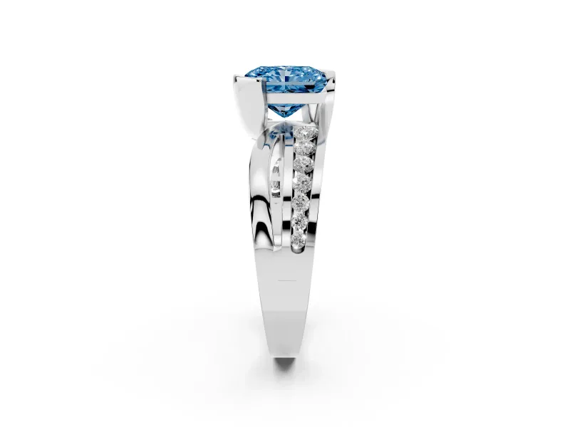 Fancy Blue Radiant Cut Diamond Solitaire Ring Set in Silver with Channel Set Split Shank and Tension Prongs