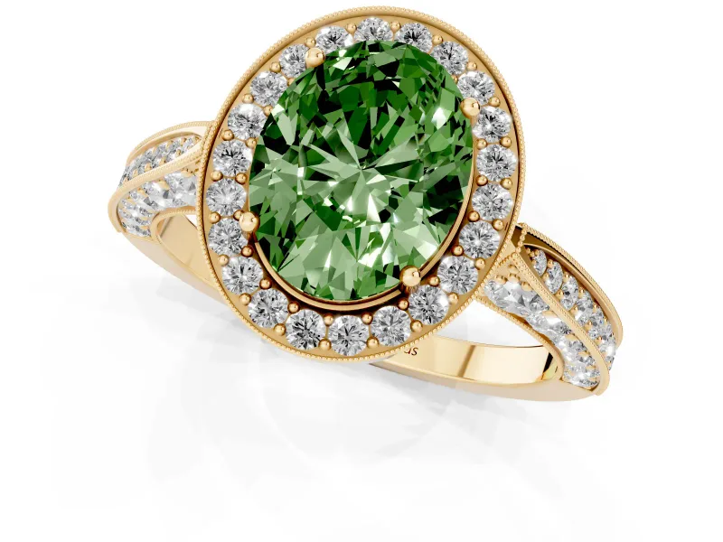 Oval Milgrain Halo Engagement Ring Setting for a Fancy Green Lab-Grown Diamond | Side Stones | Yellow Gold