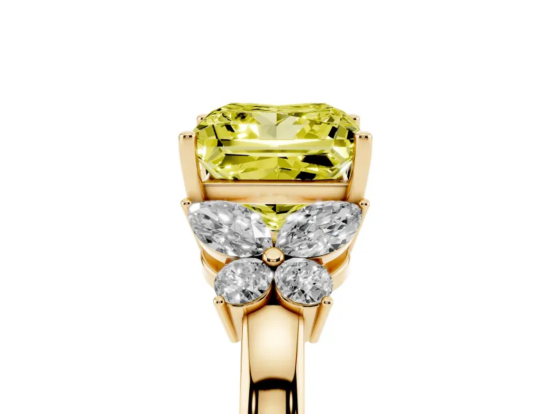 Fancy Yellow Princess Cut Diamond Solitaire Floral Ring Set in Yellow gold with Marquise Petals and Prong Setting