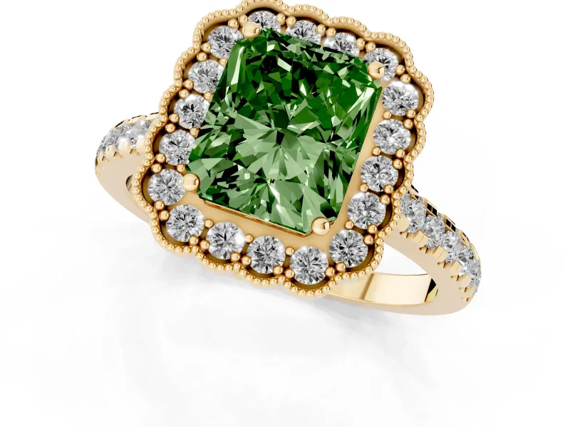 Fancy Green Radiant Cut Diamond Milgrain Floral Halo Engagement Ring Set in Yellow gold with Pavé Band