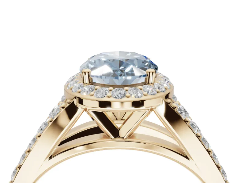 Oval Halo Pavé Engagement Ring Setting for a Fancy Blue Lab-Grown Diamond | Narrow Split Shank | Yellow Gold