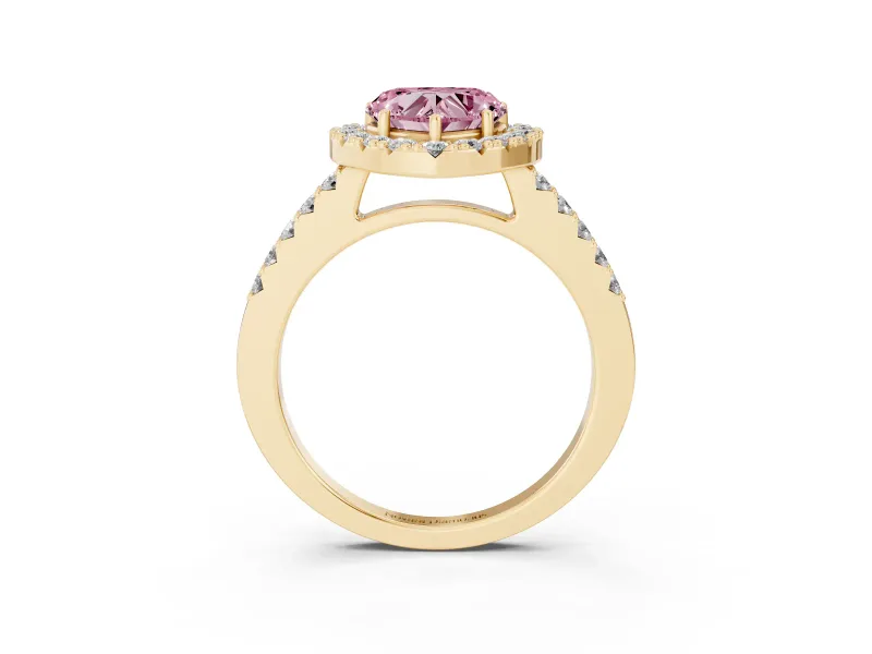 Heart-Shaped Halo Engagement Ring Setting for a Fancy Pink Lab-Grown Diamond | Single Row Pavé Band | Yellow Gold