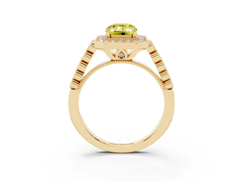 Emerald Cut Graduated Milgrain Halo Engagement Ring Setting for a Fancy Yellow Lab-Grown Diamond | Yellow Gold