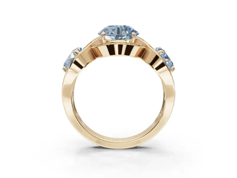 Round Three Stone Halo Engagement Ring Setting for a Fancy Blue Lab-Grown Diamond | Pavé Wave Band | Yellow Gold