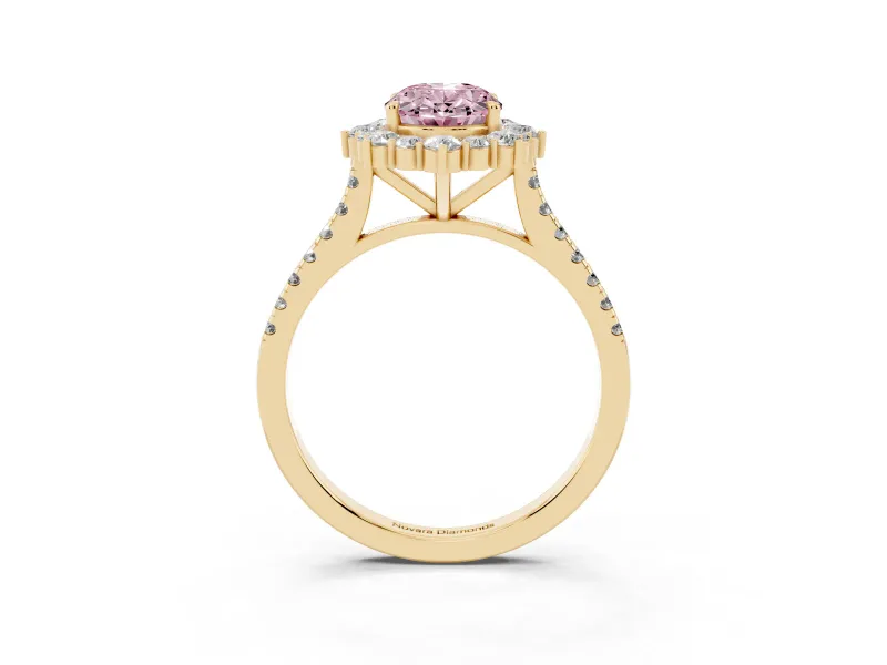 Oval Scalloped Halo Engagement Ring Setting for a Fancy Pink Lab-Grown Diamond | Single Row Pave | Yellow Gold